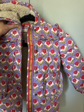 Mini Boden Floral Hooded Puffer Jacket - Lavender with Red Flowers